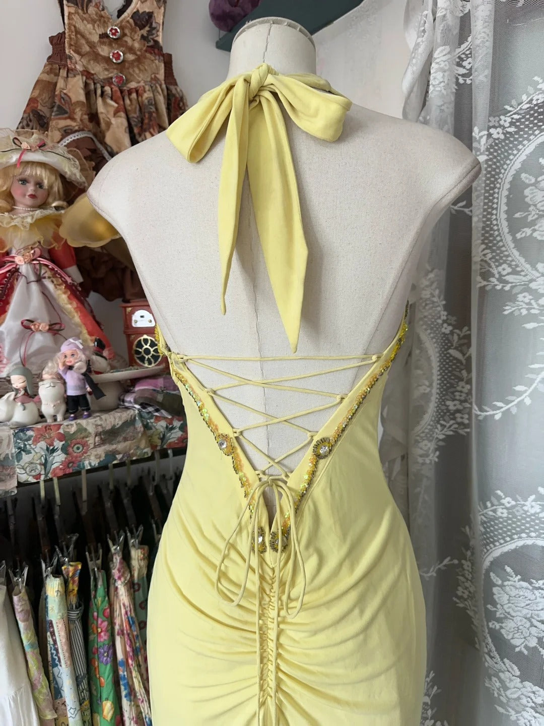 Yellow Halter Mermaid Long Prom Gown Evening Dress fg7398