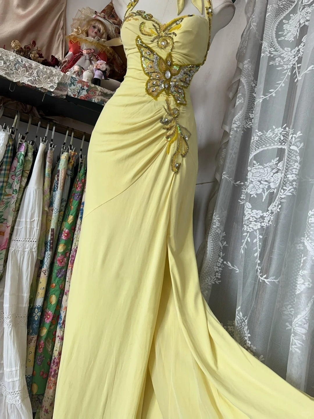 Yellow Halter Mermaid Long Prom Gown Evening Dress fg7398