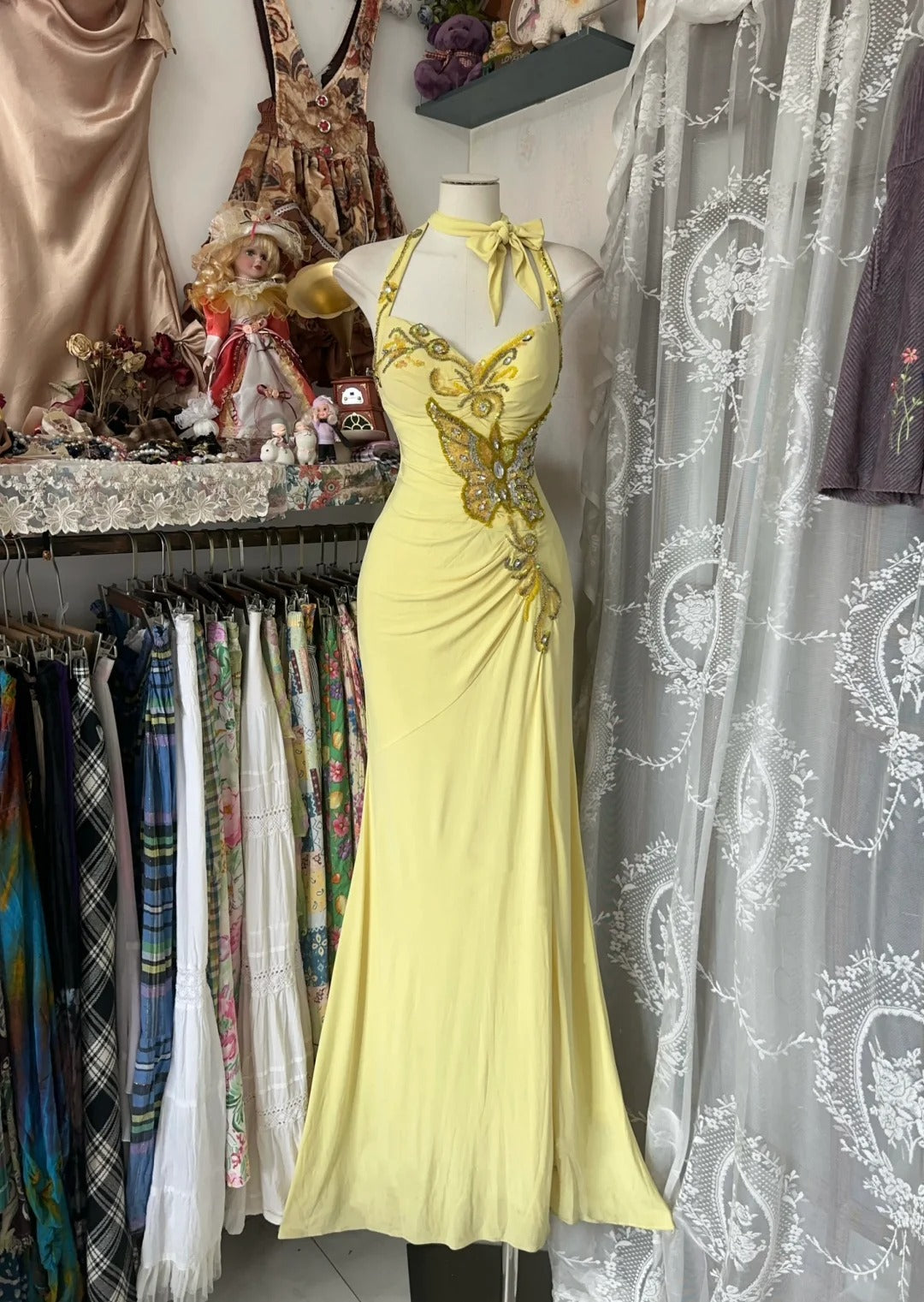 Yellow Halter Mermaid Long Prom Gown Evening Dress fg7398
