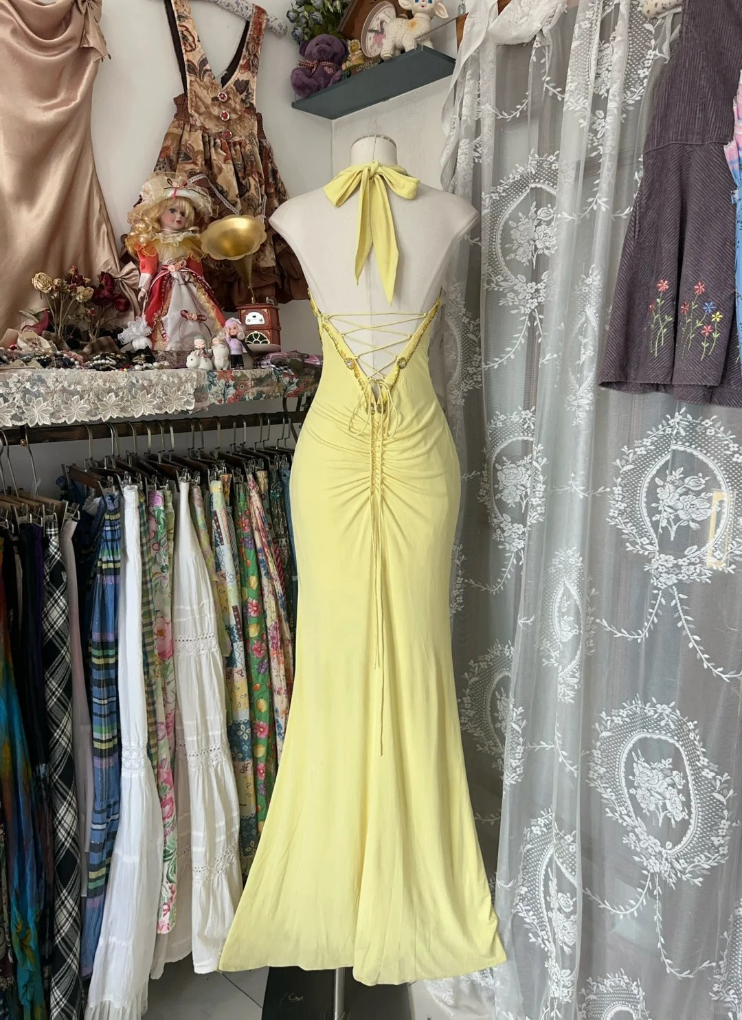 Yellow Halter Mermaid Long Prom Gown Evening Dress fg7398