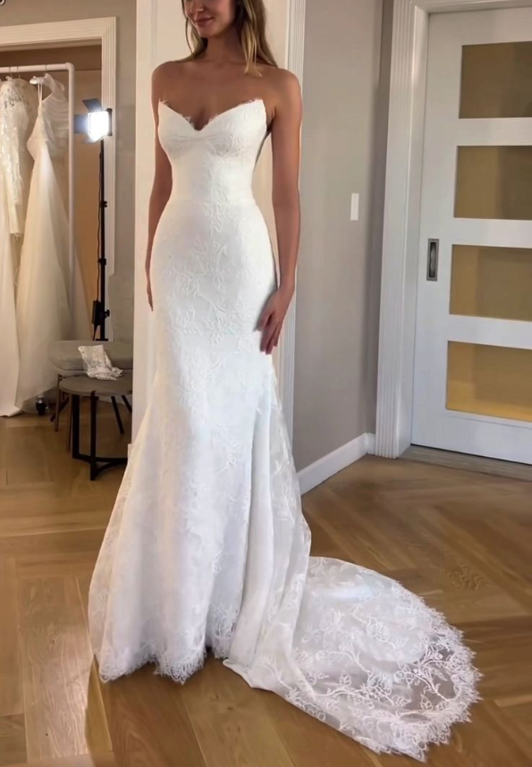 Mermaid V Neck Lace Long Wedding Dresses, Elegant Wedding Dress fg7180