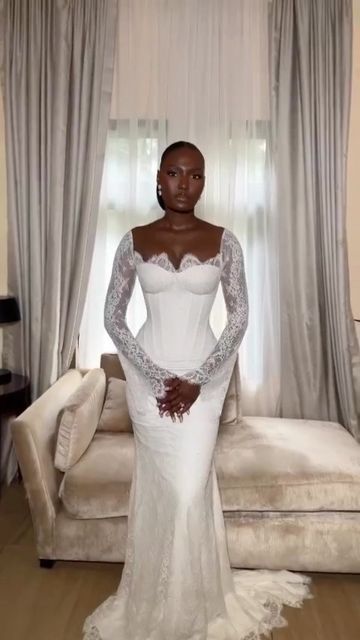 White Mermaid Wedding Dress Elegant African Lace Long Sleeves Bridal Gown fg7219