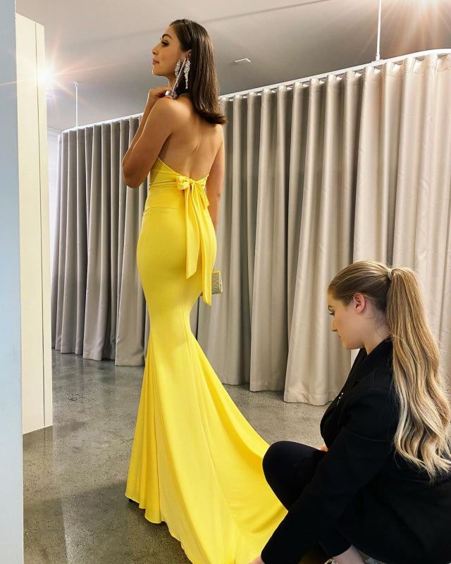 Yellow Backless Mermaid Evening Dress V-Neck Prom Dress fg7167