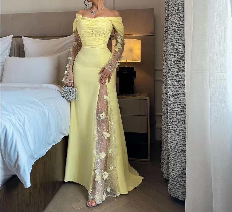 Elegant Prom Dresses Long Yellow Evening Dress Off Shoulder Formal Wedding Party Dress fg7463