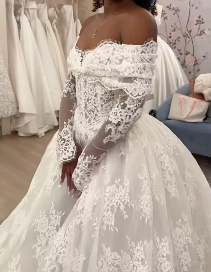 Off Shoulder Lace A-Line Wedding Dress, Long Sleeves Lace Bridal Gown fg7623