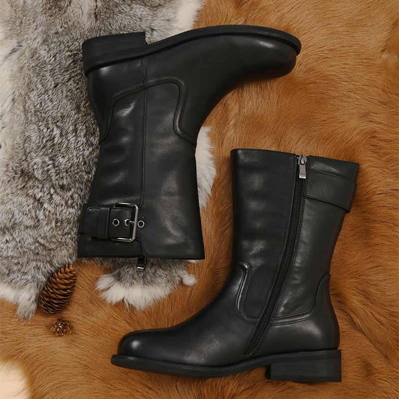 Womens Retro Leather Mid Calf Boots for Cold Winter classic boots Black Short Plush Lining