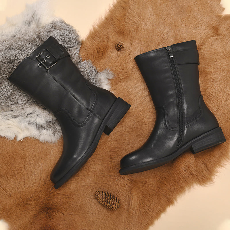 Womens Retro Leather Mid Calf Boots for Cold Winter classic boots Black Short Plush Lining