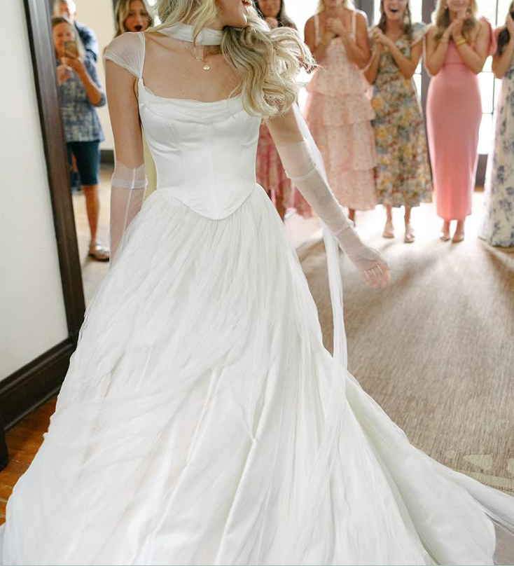 White Long Tulle Wedding Dress Bridal Gown With Gloves fg7487