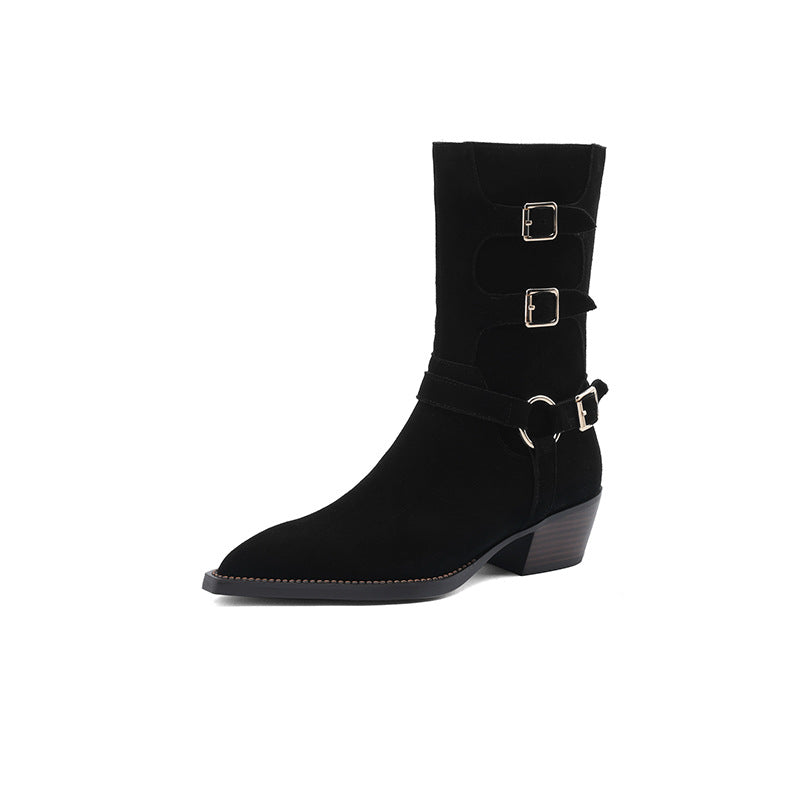 Womens Suede��Leather Mid Calf Boots 45mm Block Heel with Buckle Details In Black/Brown