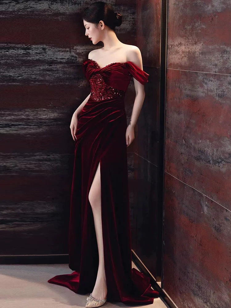 Burgundy Velvet Mermaid Long Prom Dress Off Shoulder Evening Dresses With Slit fg7669