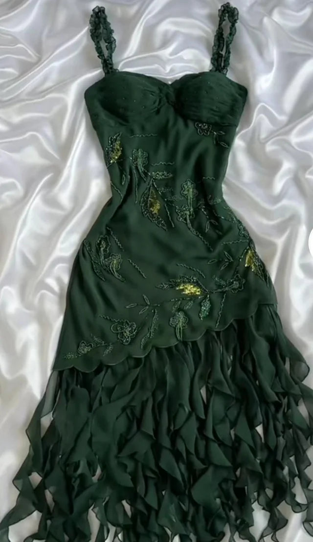 Dark Green Chiffon Ruffle Prom Dress Formal Dress Evening Party Dresses fg7783