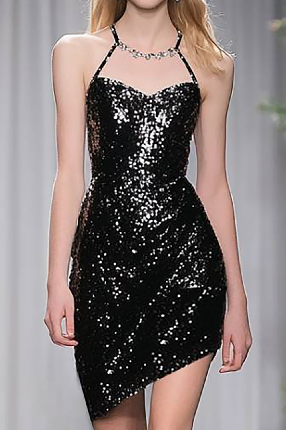 Sparkly Black Bodycon Halter Strap Sequins Homecoming Dress