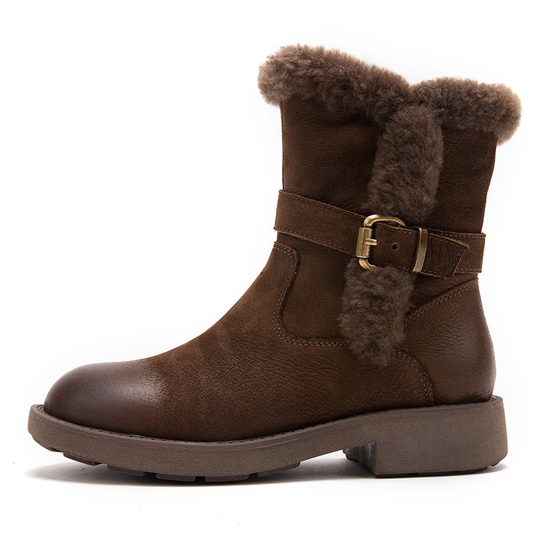 Womens Retro Nubuck Leather Short Boots for Winter Side Zipper Buckles Fur Boots Black/Coffee