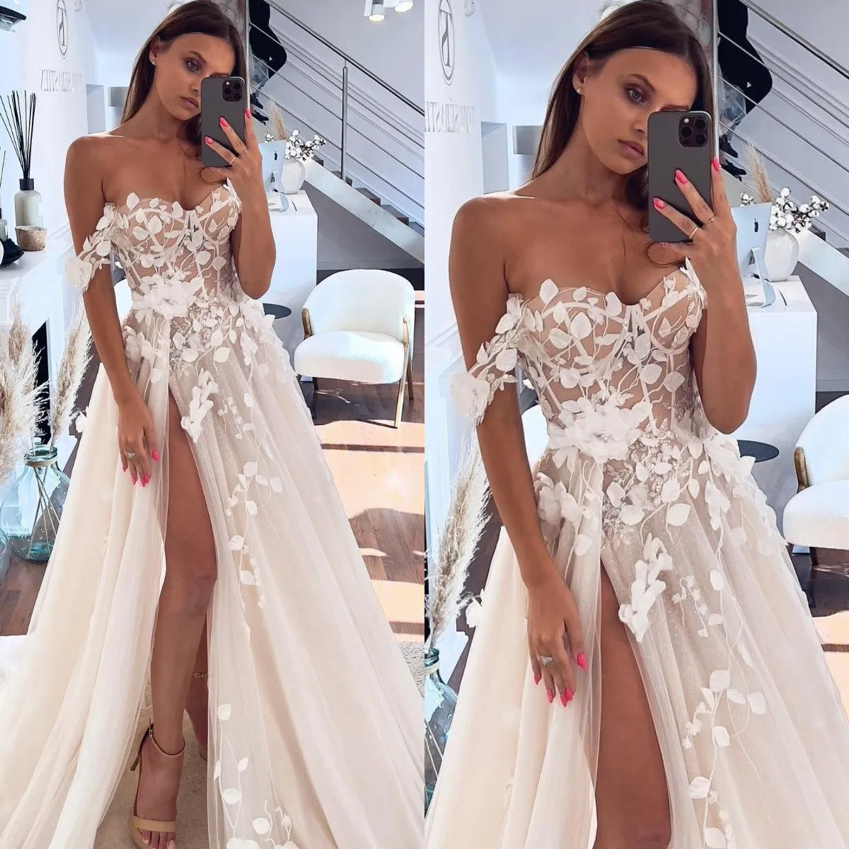 Vintage Lace Wedding Dress Off-Shoulder Appliques Bridal Dress fg7443