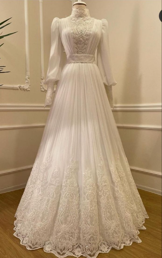 Vintage High Neck Long Sleeves Wedding Dress Modest Bridal Dress fg7479