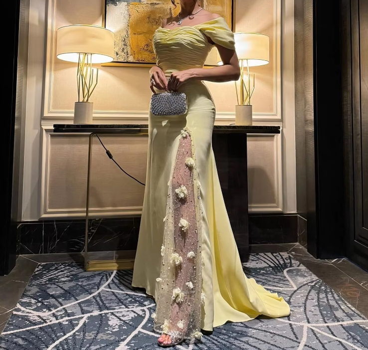 Elegant Prom Dresses Long Yellow Evening Dress Off Shoulder Formal Wedding Party Dress fg7463