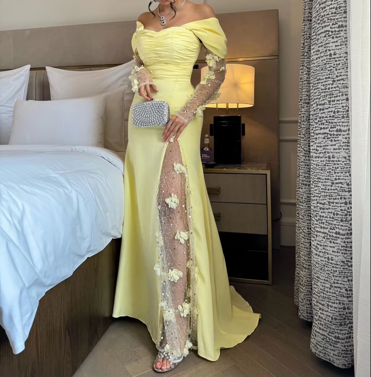 Elegant Prom Dresses Long Yellow Evening Dress Off Shoulder Formal Wedding Party Dress fg7463