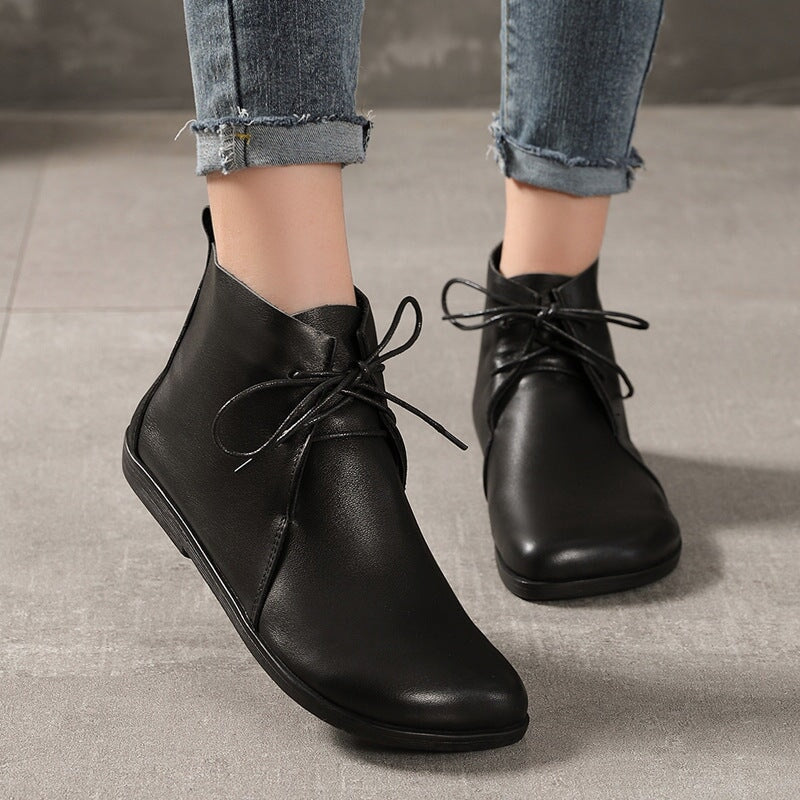 Womens Leather Ankle Boots Soft Bottom Flat Round Toe Derby Boots Brown/Black