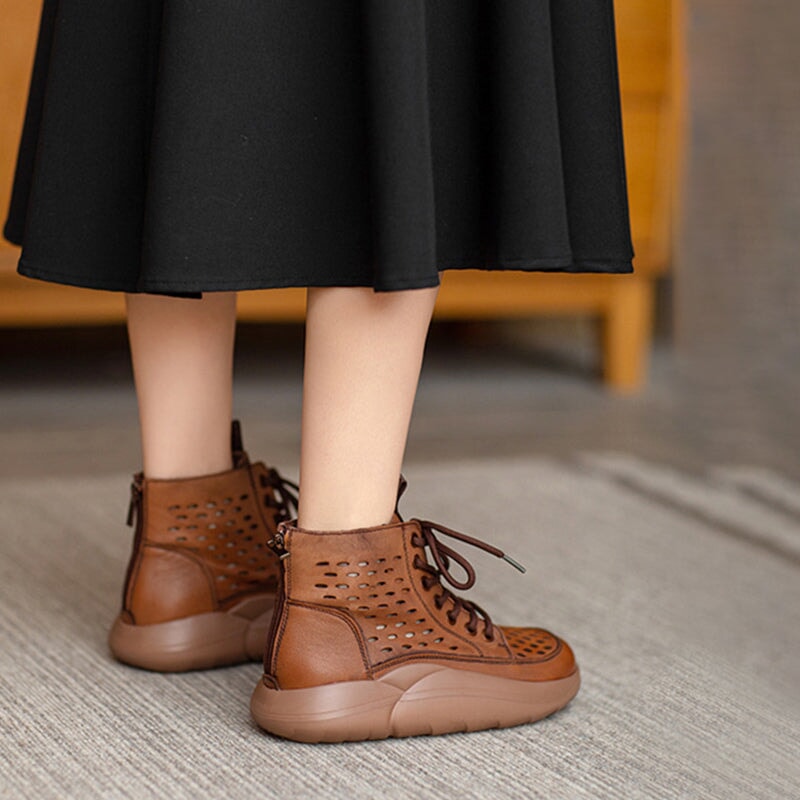 Womens Lace up Summer Boots Handmade Leather Hollow Out Platform Boots Brown/Black