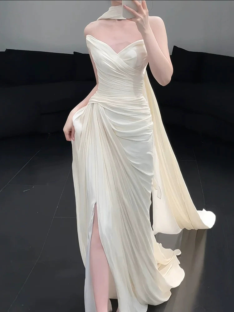 Strapless Pleat Long Wedding Dress Evening Party Dresses fg7706
