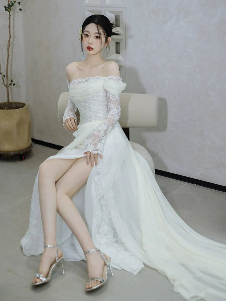 Off Shoulder Lace Long Wedding Dress Evening Party Dresses fg7704