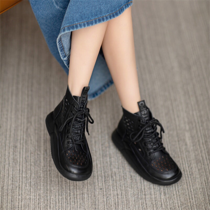 Womens Lace up Summer Boots Handmade Leather Hollow Out Platform Boots Brown/Black