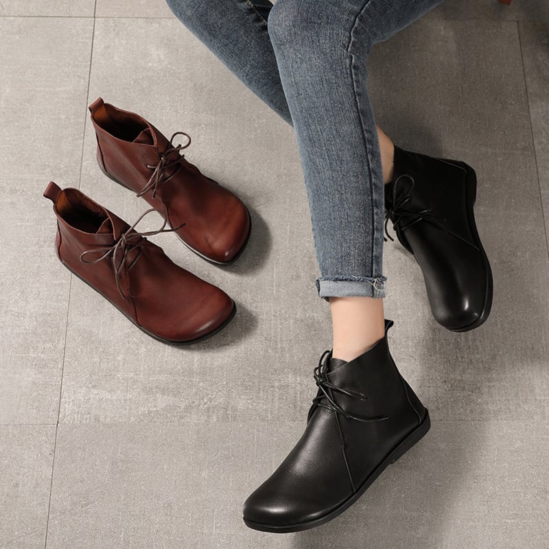 Womens Leather Ankle Boots Soft Bottom Flat Round Toe Derby Boots Brown/Black
