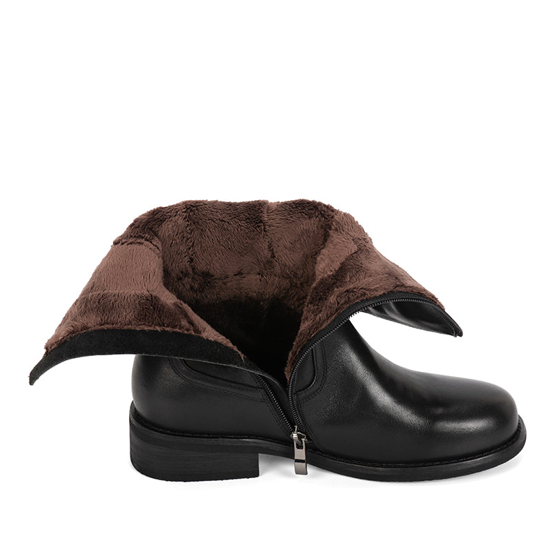 Womens Retro Leather Mid Calf Boots for Cold Winter classic boots Black Short Plush Lining