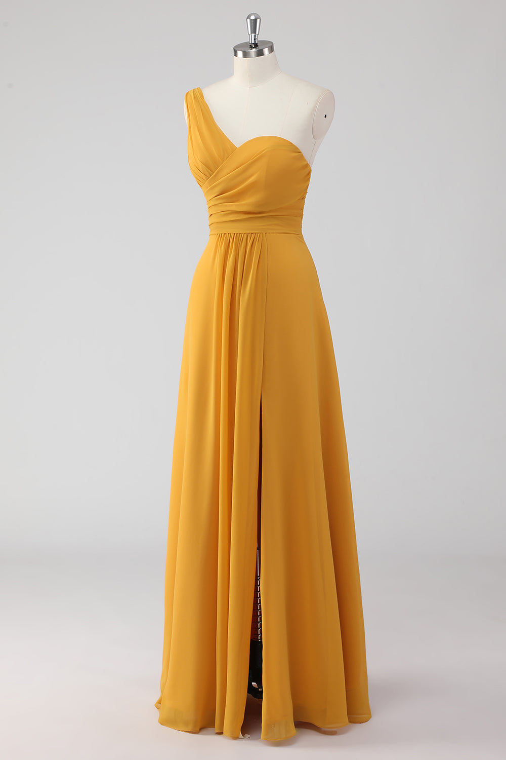 Yellow A Line One Shoulder Ruched Long Bridesmaid Dress with Slit