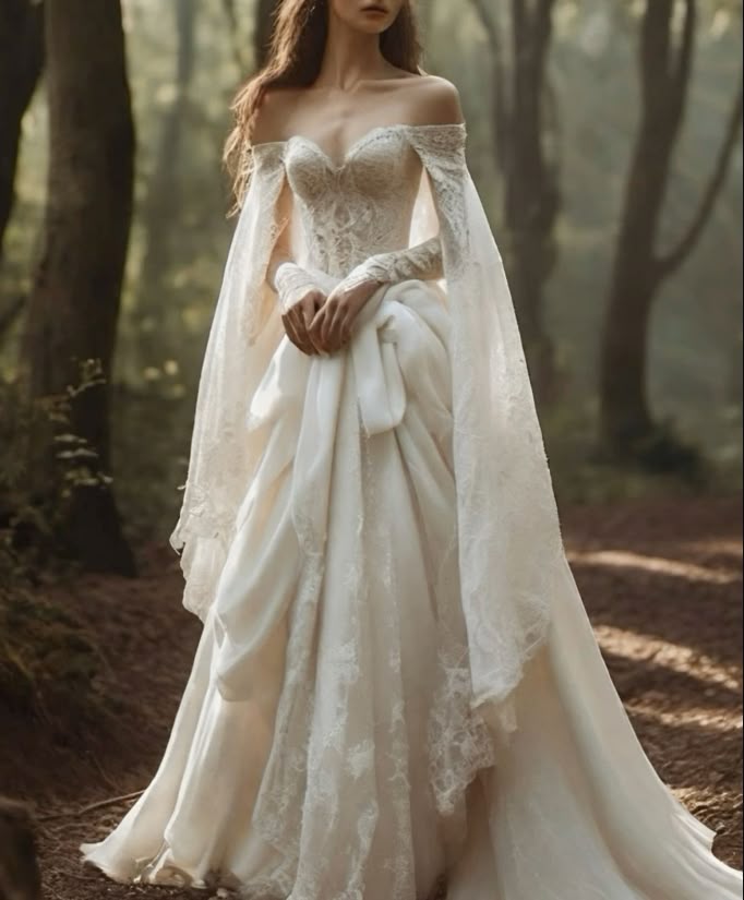 Vintage Off The Shoulder Wedding Dress with Cape Lace Up Lace Applique Bridal Dress fg7469