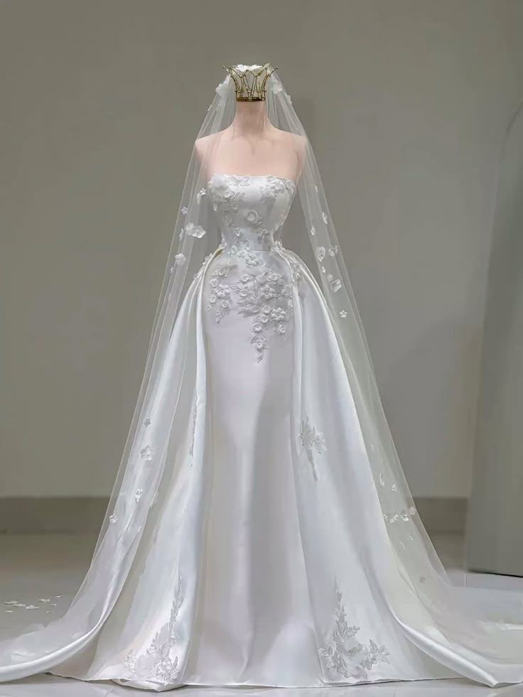 A Line White Long Satin 3D Floral Wedding Dress Bridal Gown fg7499