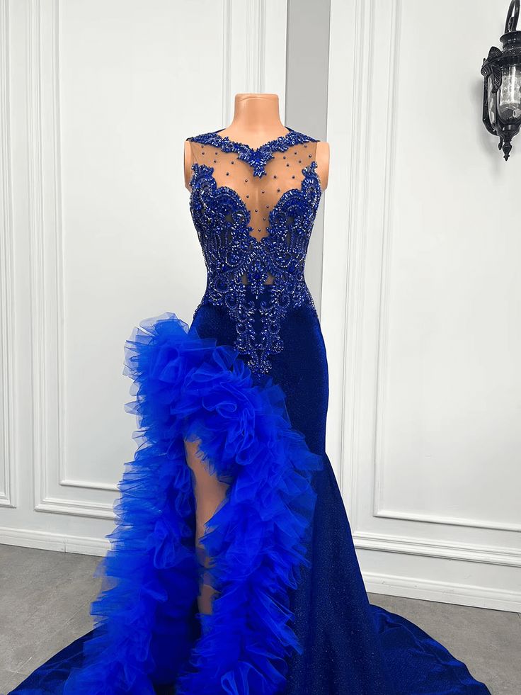 Royal Blue Mermaid Prom Dress Ruffled Evening Dresses with Slit fg7640