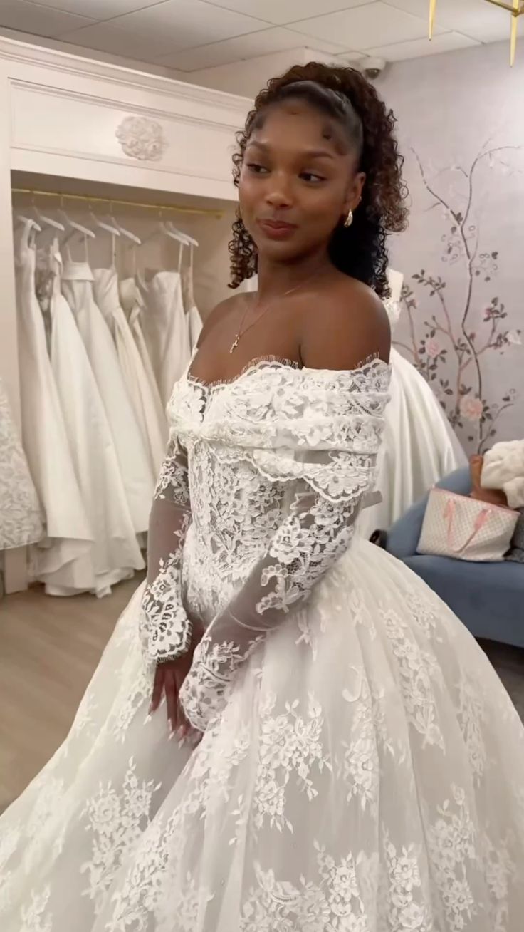 Off Shoulder Lace A-Line Wedding Dress, Long Sleeves Lace Bridal Gown fg7623