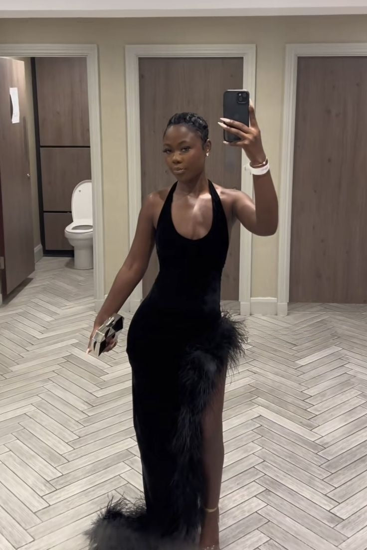 Sexy Black Halter Long Prom Dress with Feathers fg7417