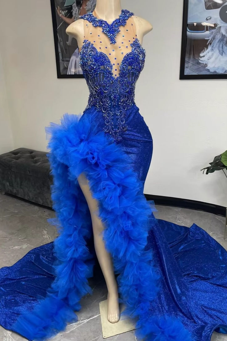 Royal Blue Mermaid Prom Dress Ruffled Evening Dresses with Slit fg7640