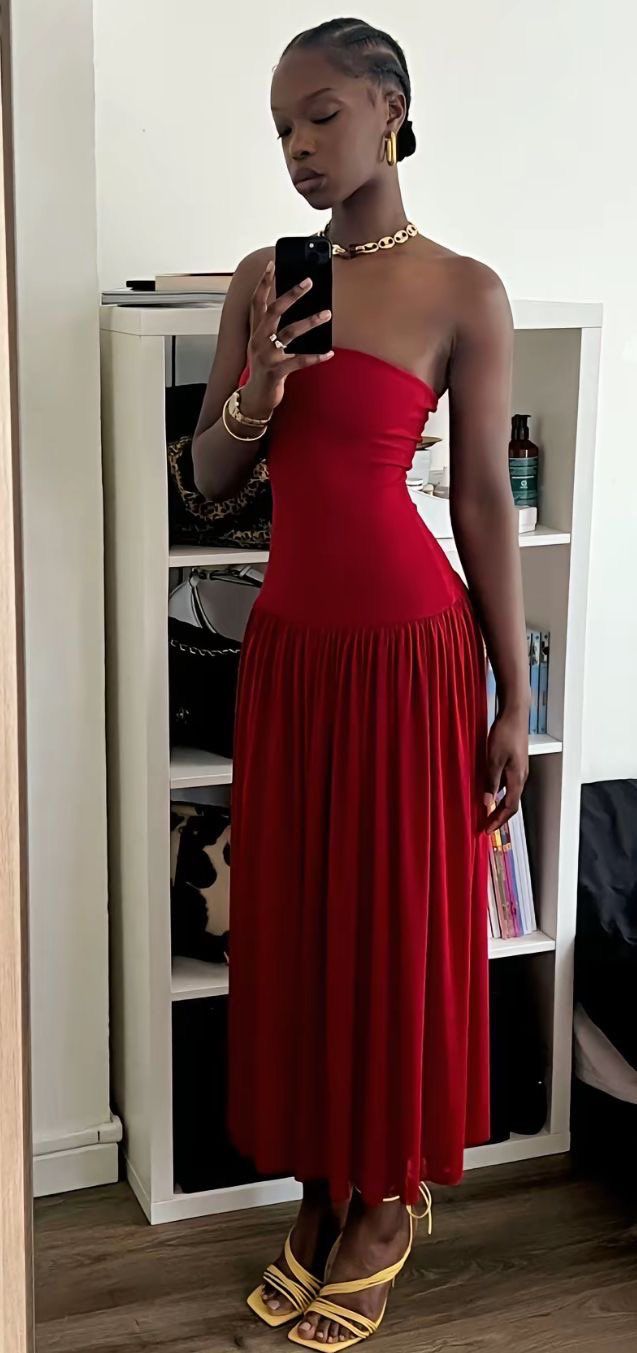 Red Strapless A-Line Long Party Dress Wedding Guest Dress fg7403