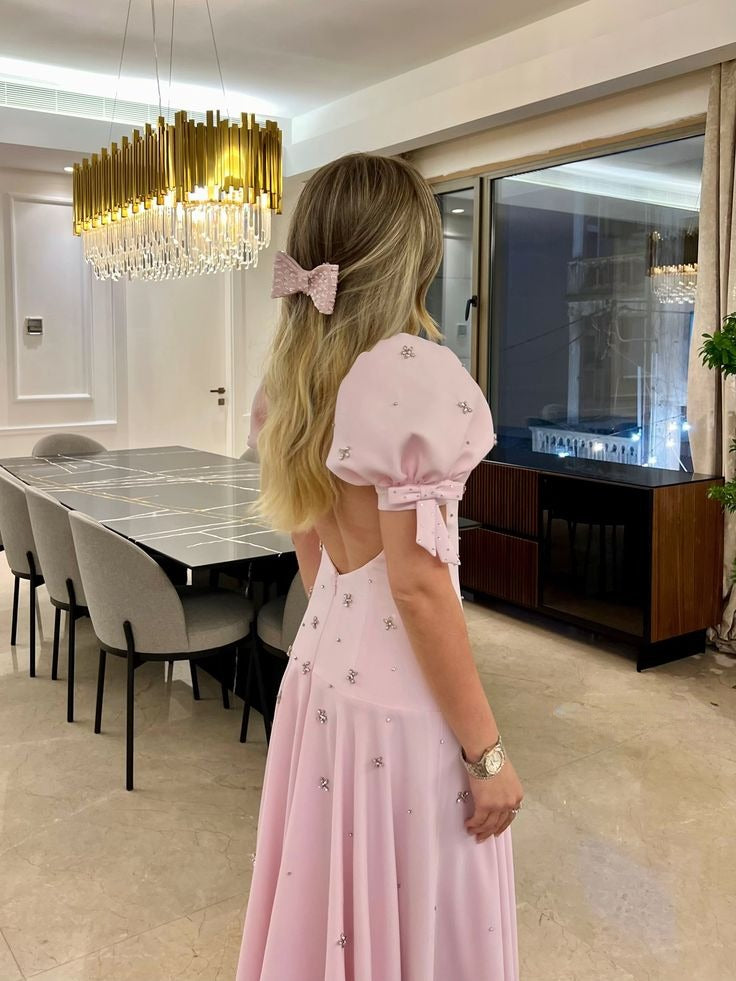 Pink Elegant Short Sleeves Prom Dress Evening Gown fg7614