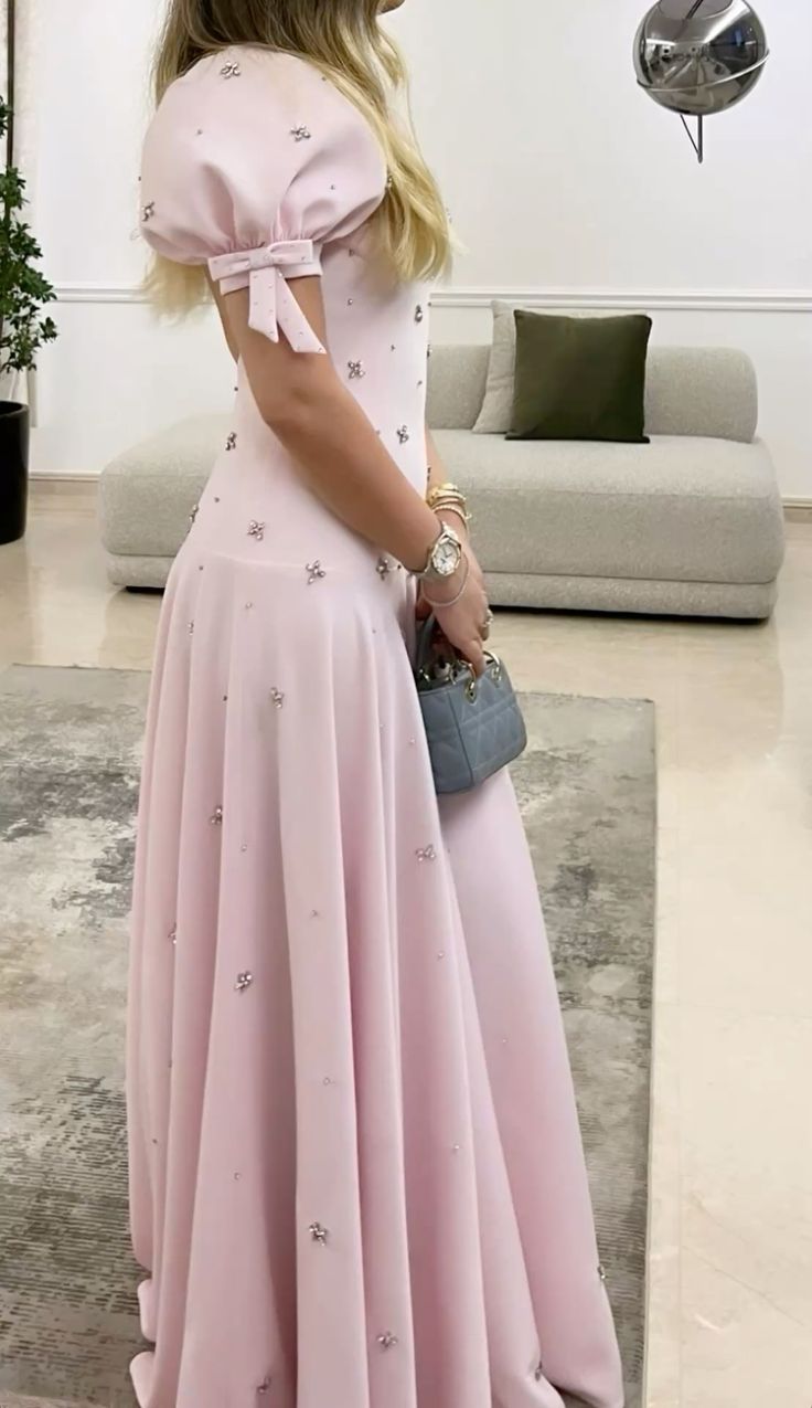 Pink Elegant Short Sleeves Prom Dress Evening Gown fg7614
