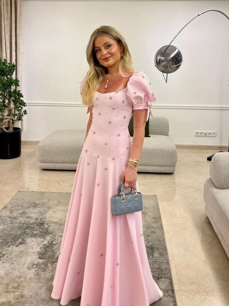 Pink Elegant Short Sleeves Prom Dress Evening Gown fg7614