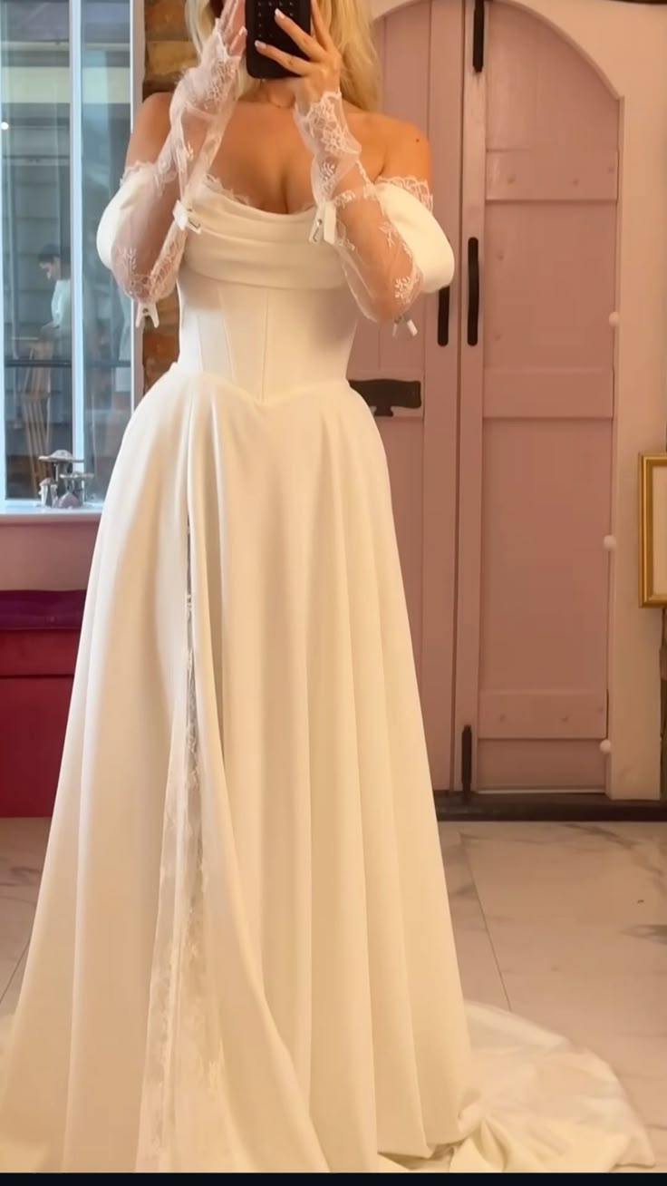 Off Shoulder Long Lace Long Sleeves Wedding Dress Bridal Gown fg7492