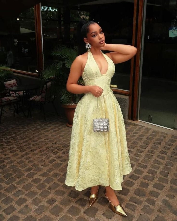 Yellow Halter Formal Dress Party Dress Long Evening Dress Prom Dresses fg7820