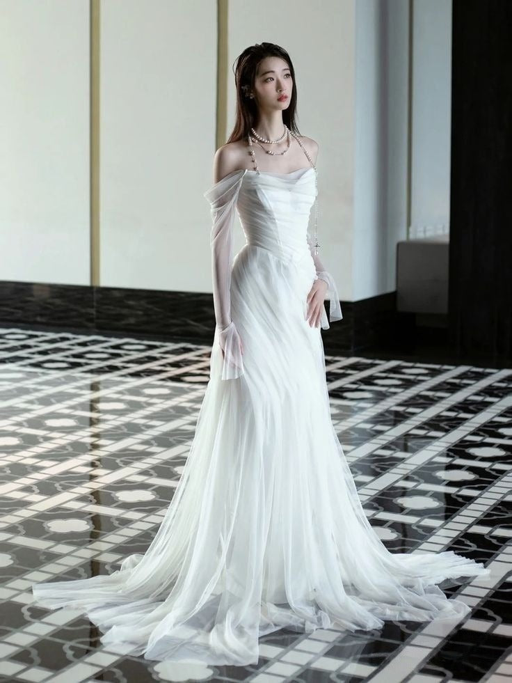 Elegant Off Shoulder Simple Wedding Dress Long Bridal Gown fg7558