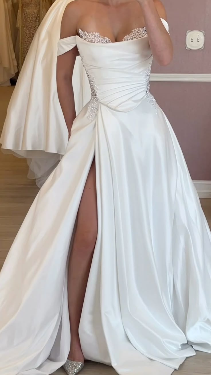 Off Shoulder Long Satin Wedding Dress Bridal Gown fg7501
