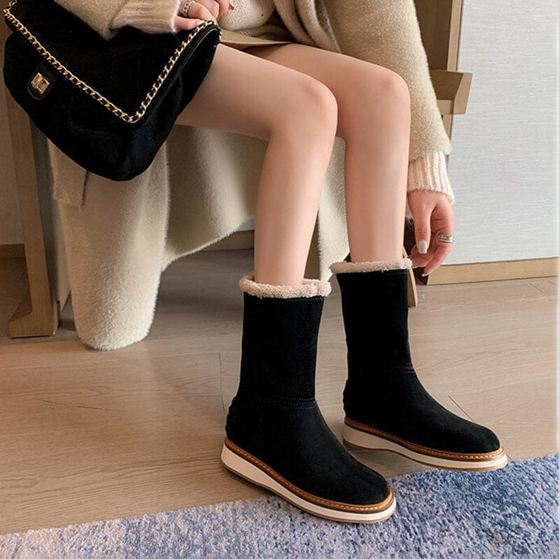 Women's Snow Boots for Cold Winter Retro Leather Mid Calf Boots in Black/Brown