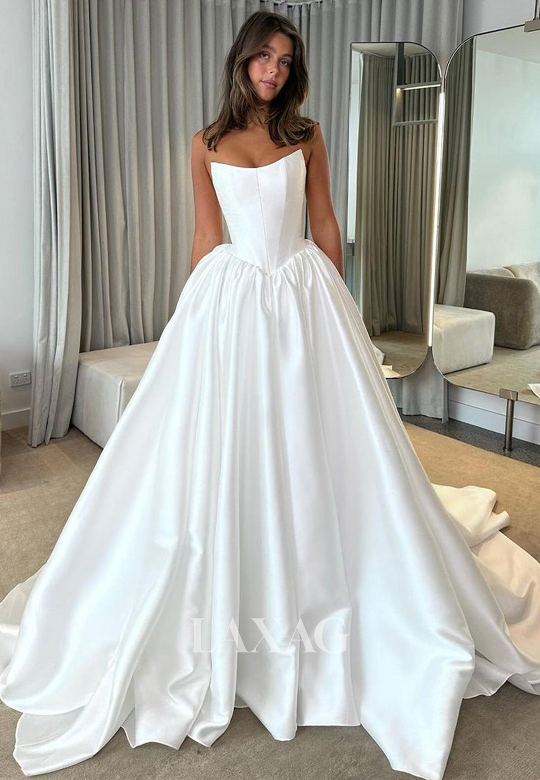 A-Line Scoop-Neck Pleated Satin Bride Gowns Off-Shoulder Sleeveless Wedding Dress with Train