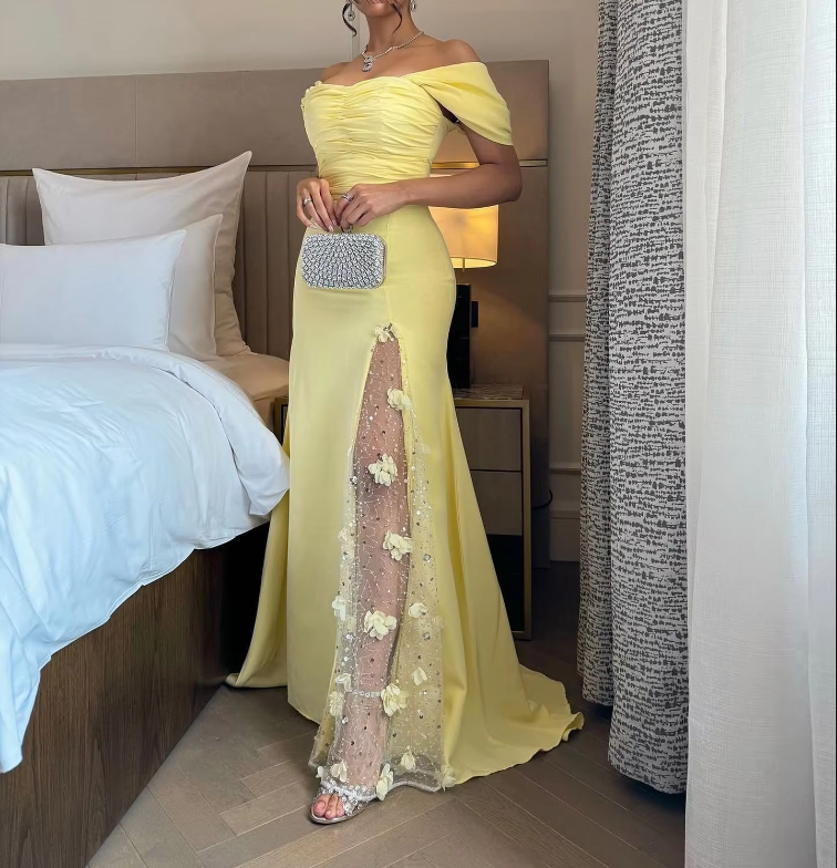 Elegant Prom Dresses Long Yellow Evening Dress Off Shoulder Formal Wedding Party Dress fg7463