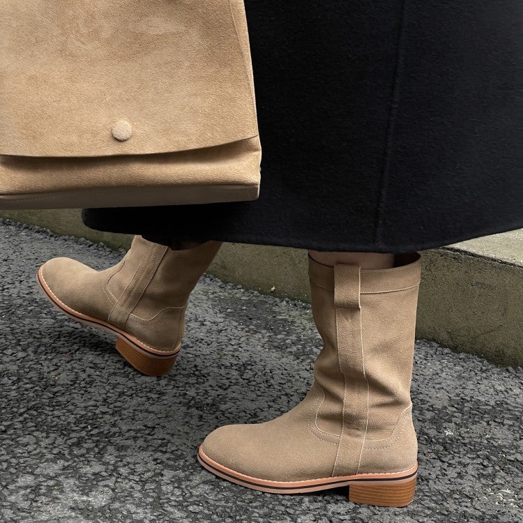 Womens Suede��Leather Mid Calf Boots In Black/Khaki