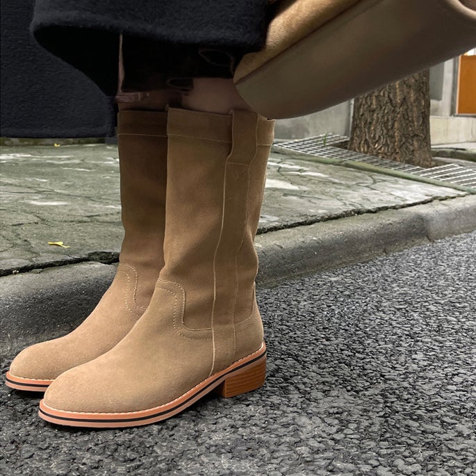 Womens Suede��Leather Mid Calf Boots In Black/Khaki