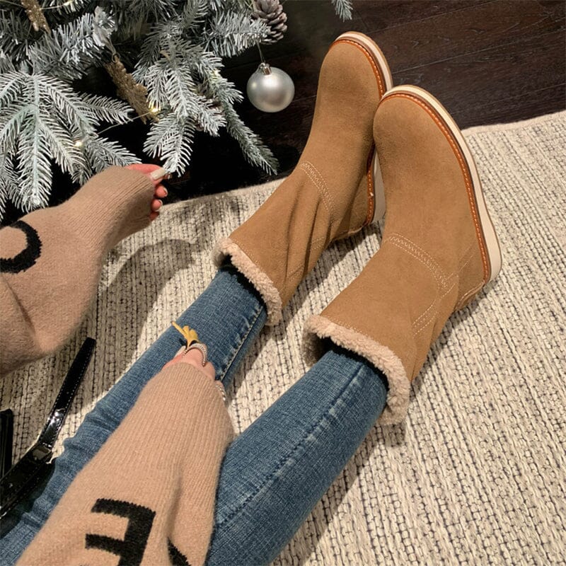 Women's Snow Boots for Cold Winter Retro Leather Mid Calf Boots in Black/Brown