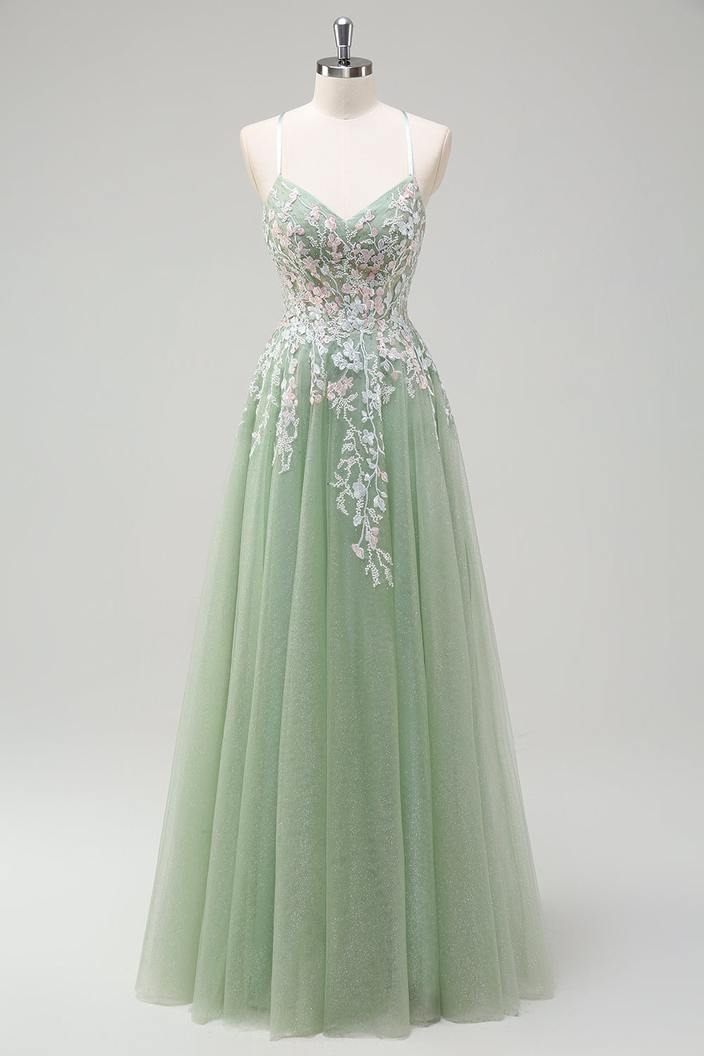 Sage Tulle A-Line Spaghetti Straps Long Prom Dress with Appliques